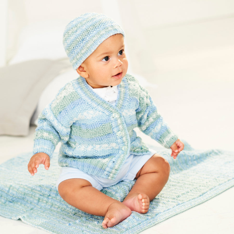 Stylecraft: Bambino Prints DK Cardigan, Hat and Blanket 9845 Birth - 5 years