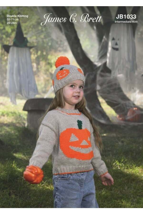 James C Brett JB1033 Pumpkin Sweater and Hat in Top Value DK Leaflet