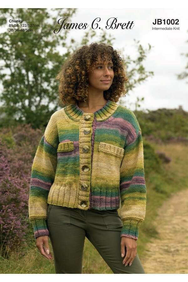 James C Brett 1002 Cardigan in Aurora Chunky Leaflet
