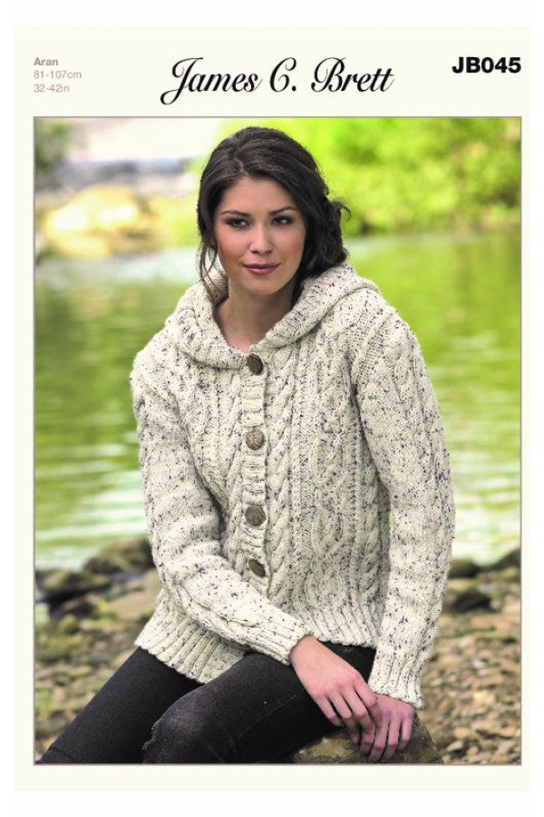 James C Brett 045 Hooded Jacket in Rustic With Wool Aran Leaflet