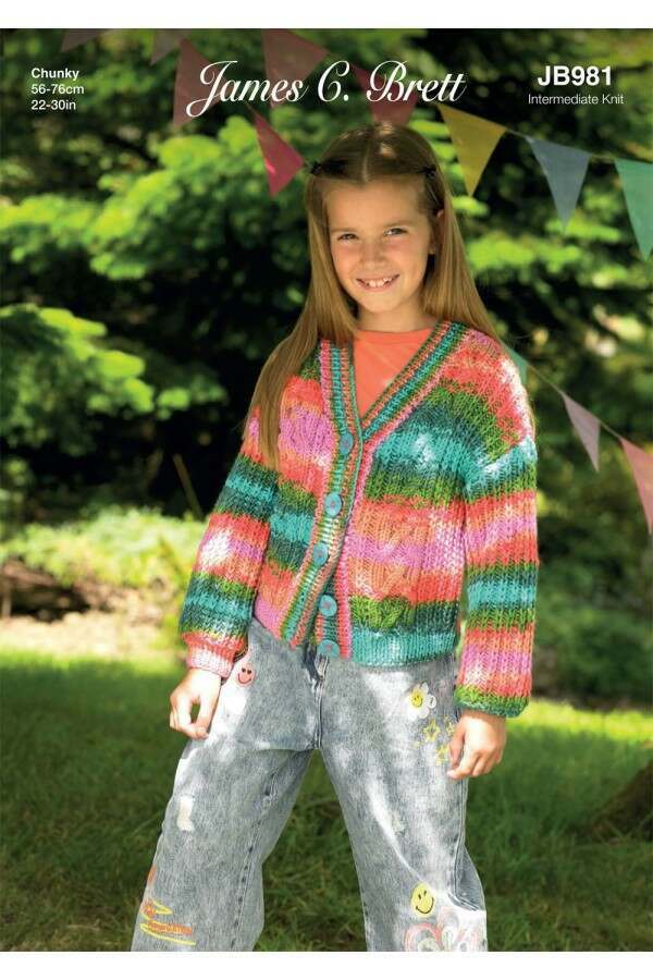 James C Brett 981 Cardigan in Party Time Chunky Leaflet