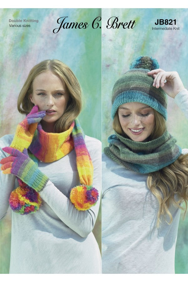 James C Brett 821 Cowl, Hat, Gloves and Tube Scarf in Shhh DK Leaflet