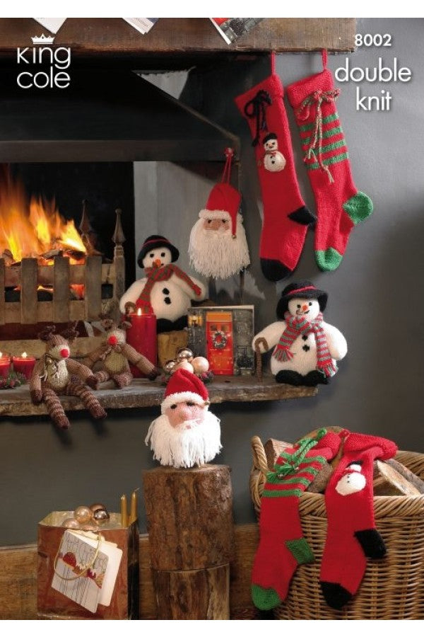 King Cole 8002 Snowman, Santa, Rudolf and Christmas Stockings in Big Value DK, Dolly Mix DK, and Merino Blend DK leaflet