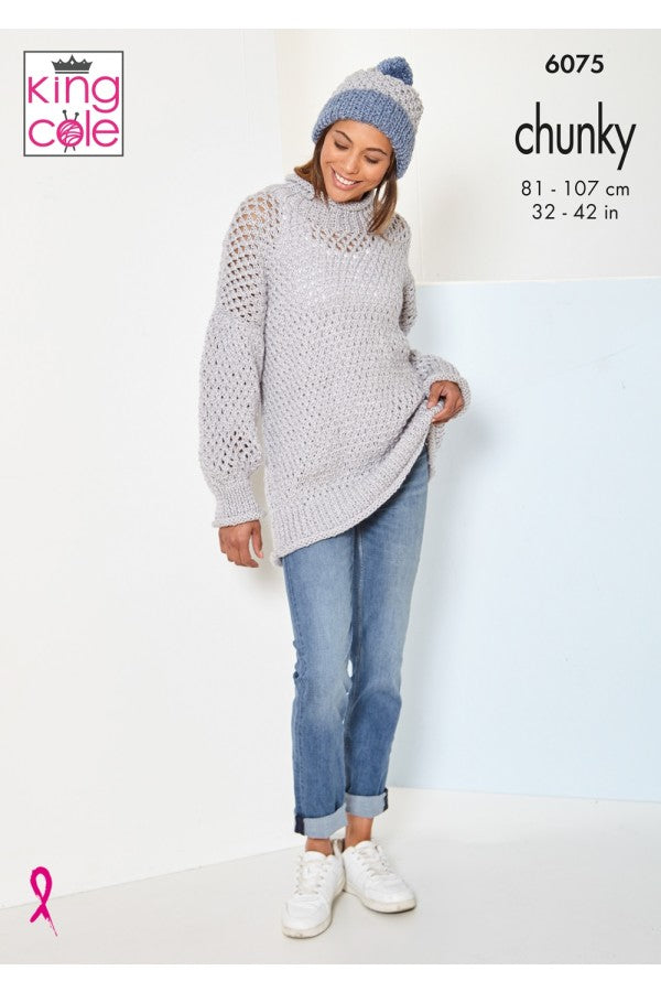 King Cole 6075 Sweater, Tank Top and Hat in Big Value Chunky Leaflet