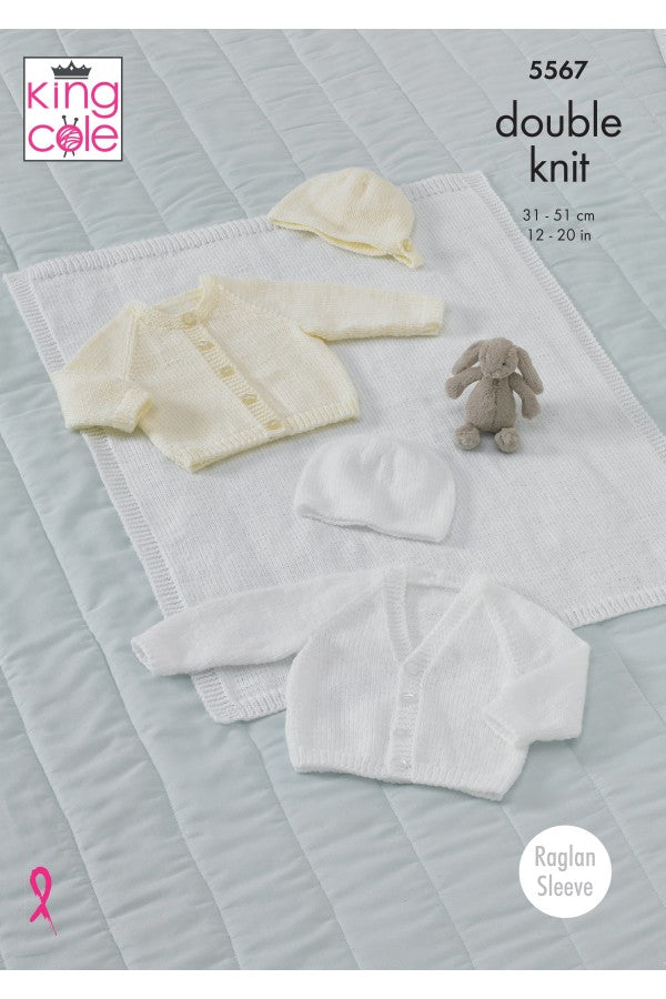 King Cole 5567 Babies Raglan Cardigans, Hat, Bonnet and Blanket in Comfort DK Leaflet