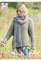 King Cole 6596 Sweater, Cardigan and Scarf in Flair Solo Chunky Leaflet