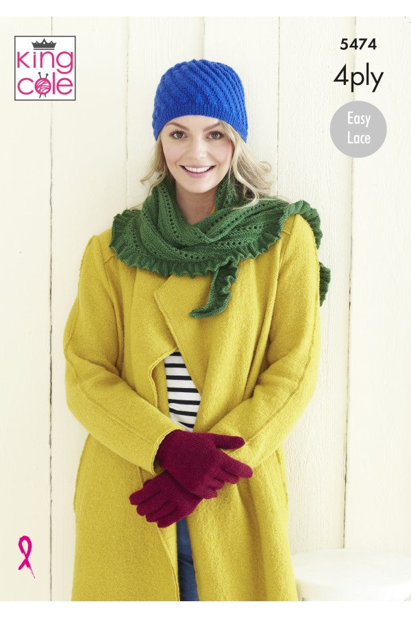 King Cole 5474 Ladies Wrap, Gloves and Hat in Merino 4 Ply Leaflet