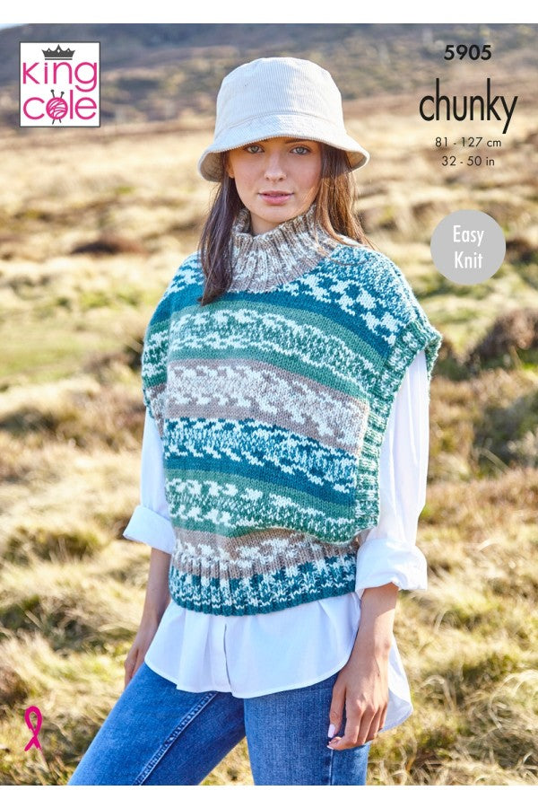 King Cole 5905 Ladies Round, V Neck and Turtle Neck Tanks in Nordic Chunky Leaflet