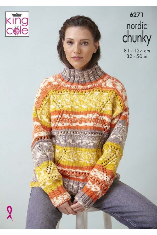 King Cole 6271 Sweater Or Cardigan With Lace Detail in Nordic Chunky Pattern