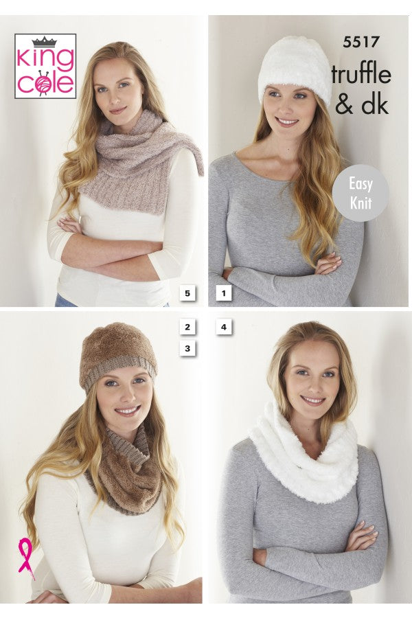 King Cole 5517 Hat, Cowls and Scarf in Truffle and Merino Blend DK Leaflet