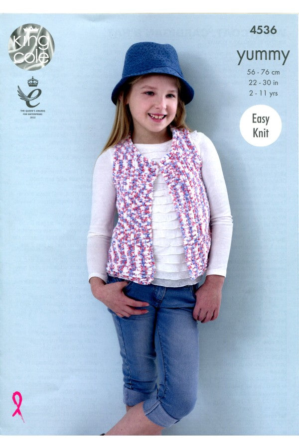 King Cole 4536 Waistcoat, Cardigan and Hat in Yummy Chunky Leaflet