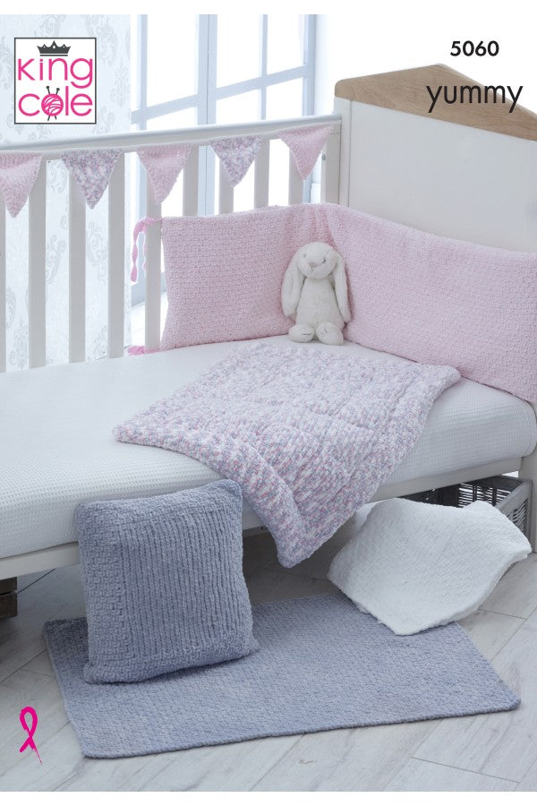 King Cole 5060 Cot Bumper, Cot Cover, Blanket/ Rug, Cushion and Bunting in Yummy Leaflet