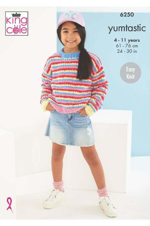 King Cole 6250 Children Striped Sweater, Cowl and Mitts in Yumtastic leaflet