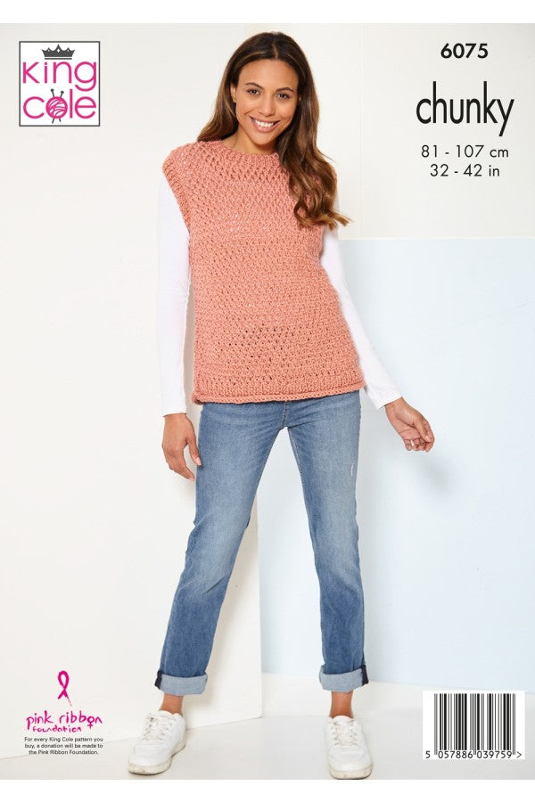 King Cole 6075 Sweater, Tank Top and Hat in Big Value Chunky Leaflet