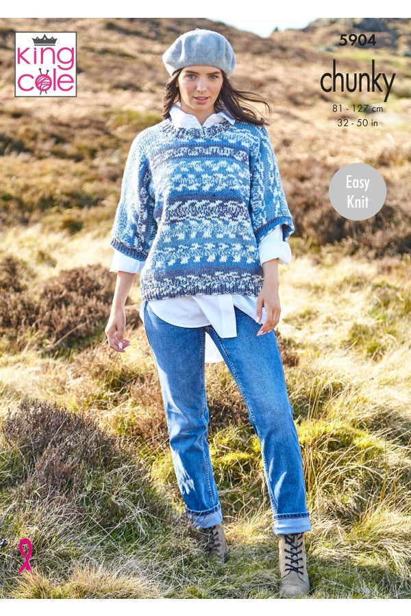 King Cole 5904 Ladies Round and V Neck Sweaters in Nordic Chunky Leaflet