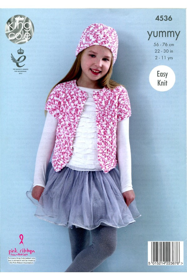 King Cole 4536 Waistcoat, Cardigan and Hat in Yummy Chunky Leaflet