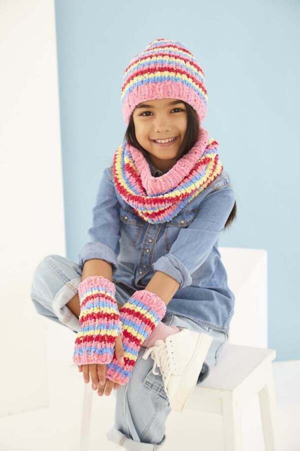 King Cole 6250 Children Striped Sweater, Cowl and Mitts in Yumtastic leaflet