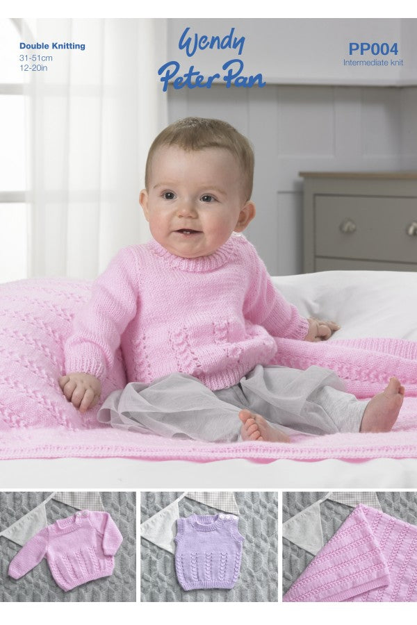 Pattern Details for Peter Pan PP004 Sweater, Slipover and Blanket in Peter Pan DK Leaflet