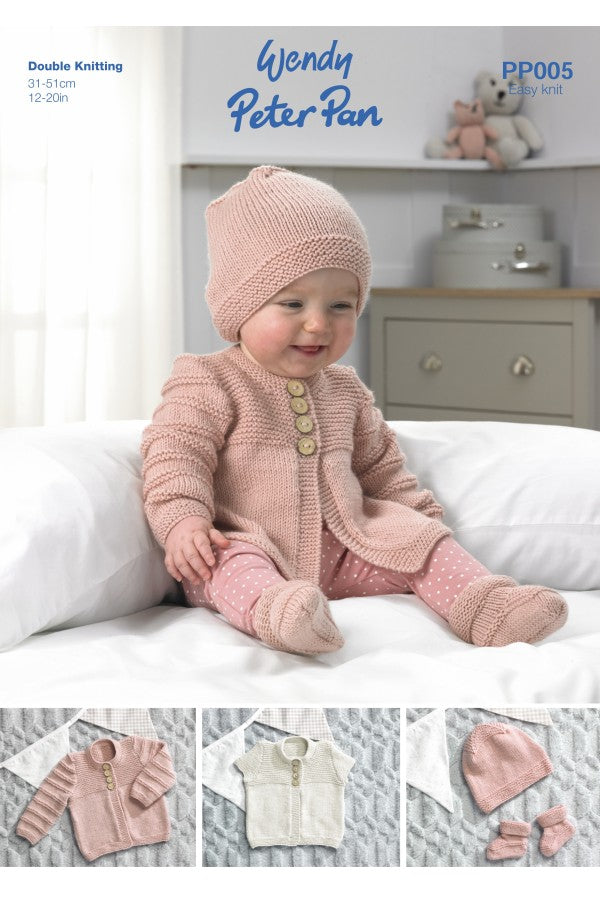 Peter Pan PP005 Cardigans, Hat and Bootees in Peter Pan DK Leaflet