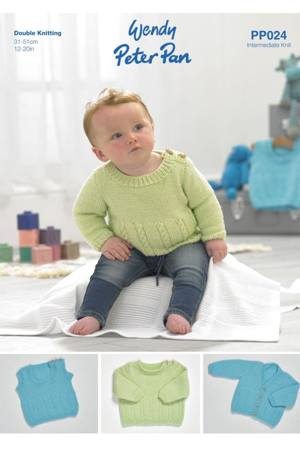 Peter Pan PP024 Sweater, Cardigan and Slipover in Peter Pan DK Leaflet