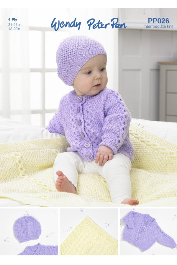 Peter Pan PP026 Cardigan, Hat and Blanket in Peter Pan 4 Ply Leaflet