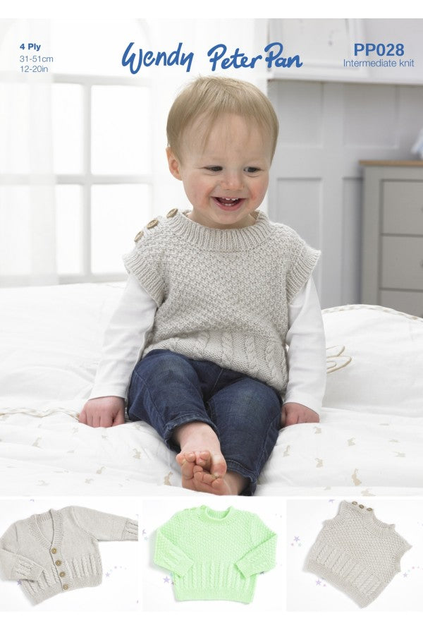 Peter Pan PP028 Sweater, Slipover and Cardigan in Peter Pan 4 Ply Leaflet