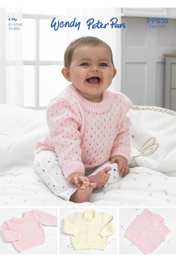 Peter Pan PP030 Cardigan, Waistcoat and Sweater in Peter Pan 4 Ply Leaflet