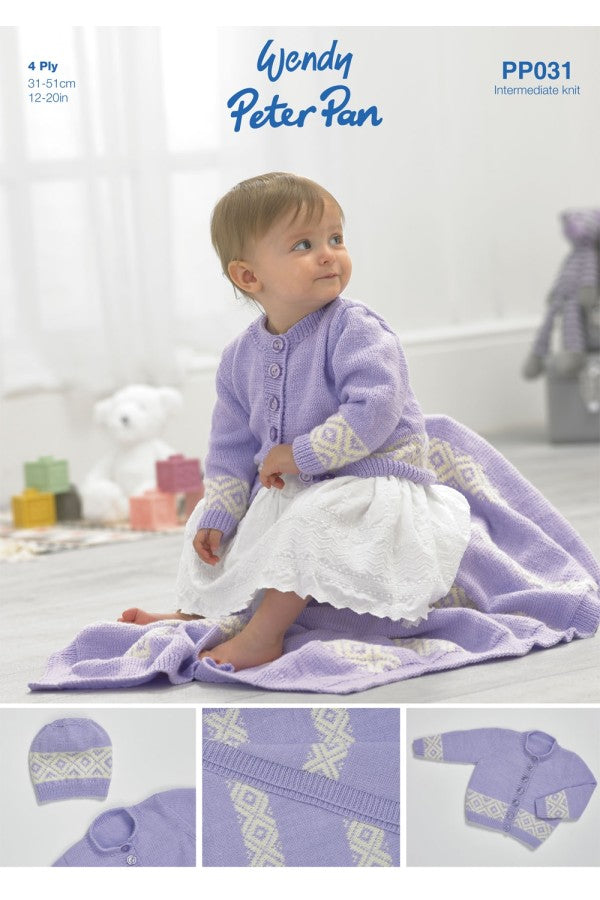 Peter Pan PP031 Cardigan, Hat and Blanket in Peter Pan 4 Ply Leaflet