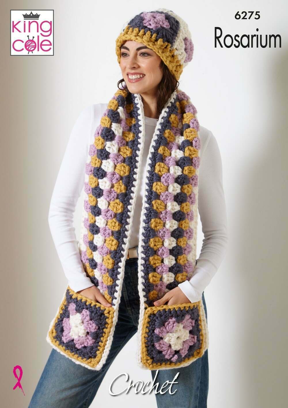 King Cole 6275 Crochet Hat, Headband and Scarves in Rosarium Mega Chunky leaflet
