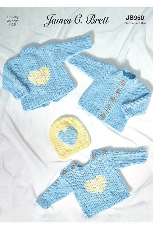 James C Brett JB950 Sweater, Cardigan and Hat in Flutterby Chunky and Top Value Chunky leaflet