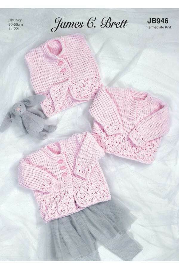 James C Brett 946 Cardigan, Waistcoat and Sweater in Flutterby Chunky leaflet