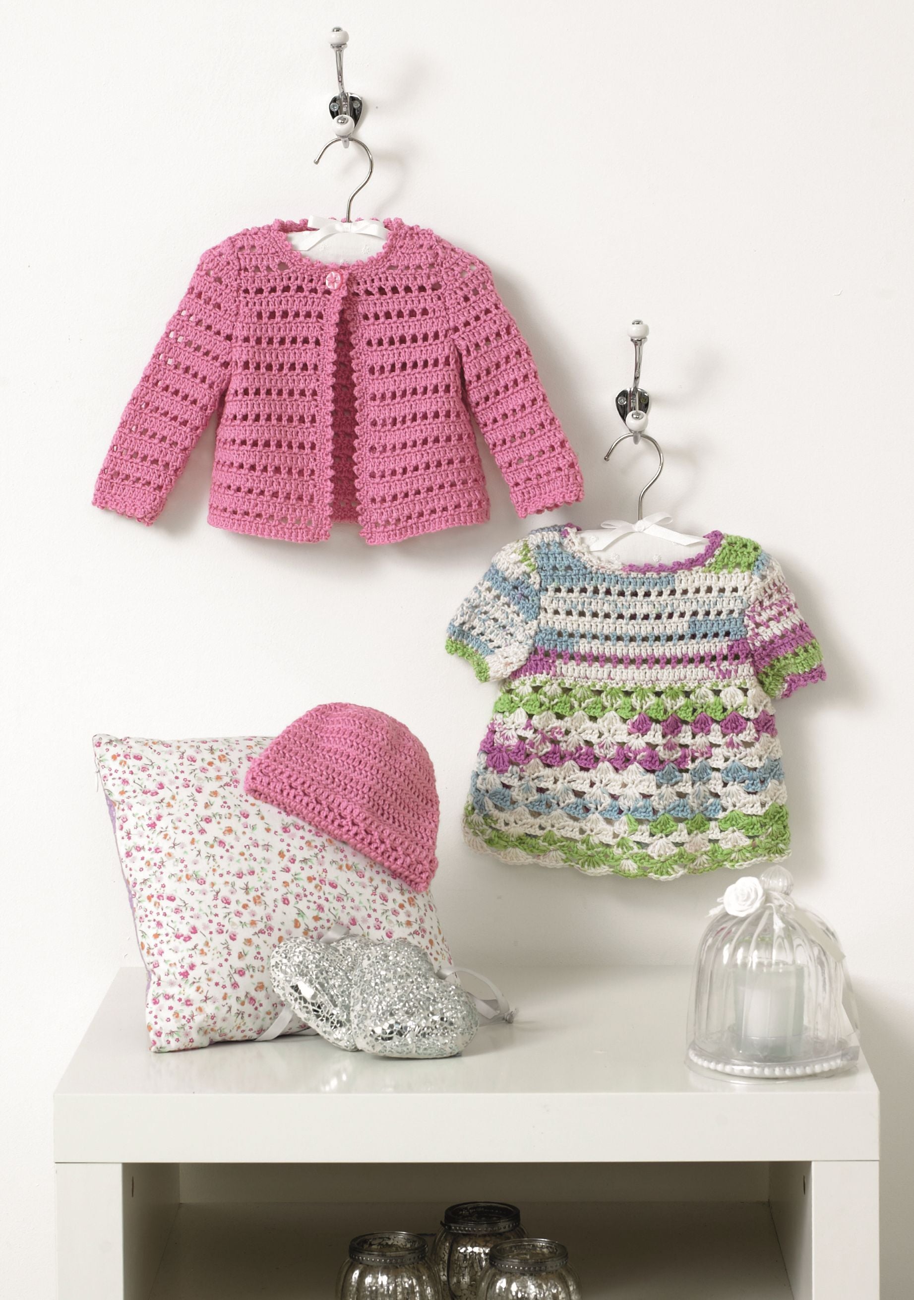 King Cole 4416 Crochet Dress Cardigan and Hat DK Pattern