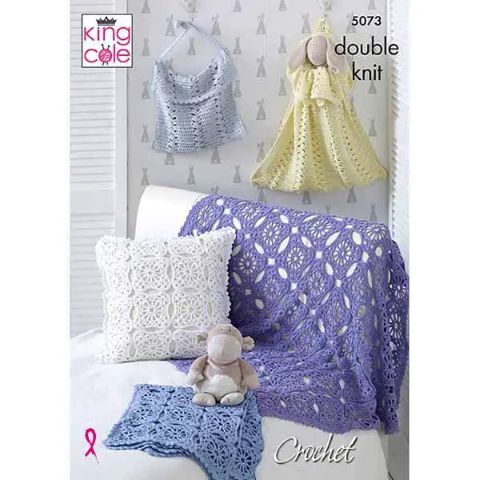King Cole 5073 Crochet Blankets. Cushion, Toy Bag and Nappy Bag