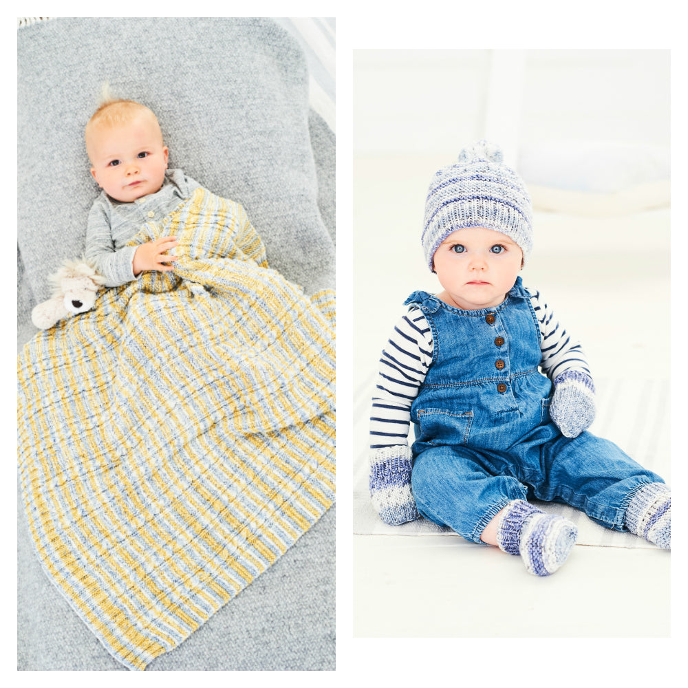 Pattern: Bambino Prints DK: 9748 Blanket, Hat, Mitts and Booties