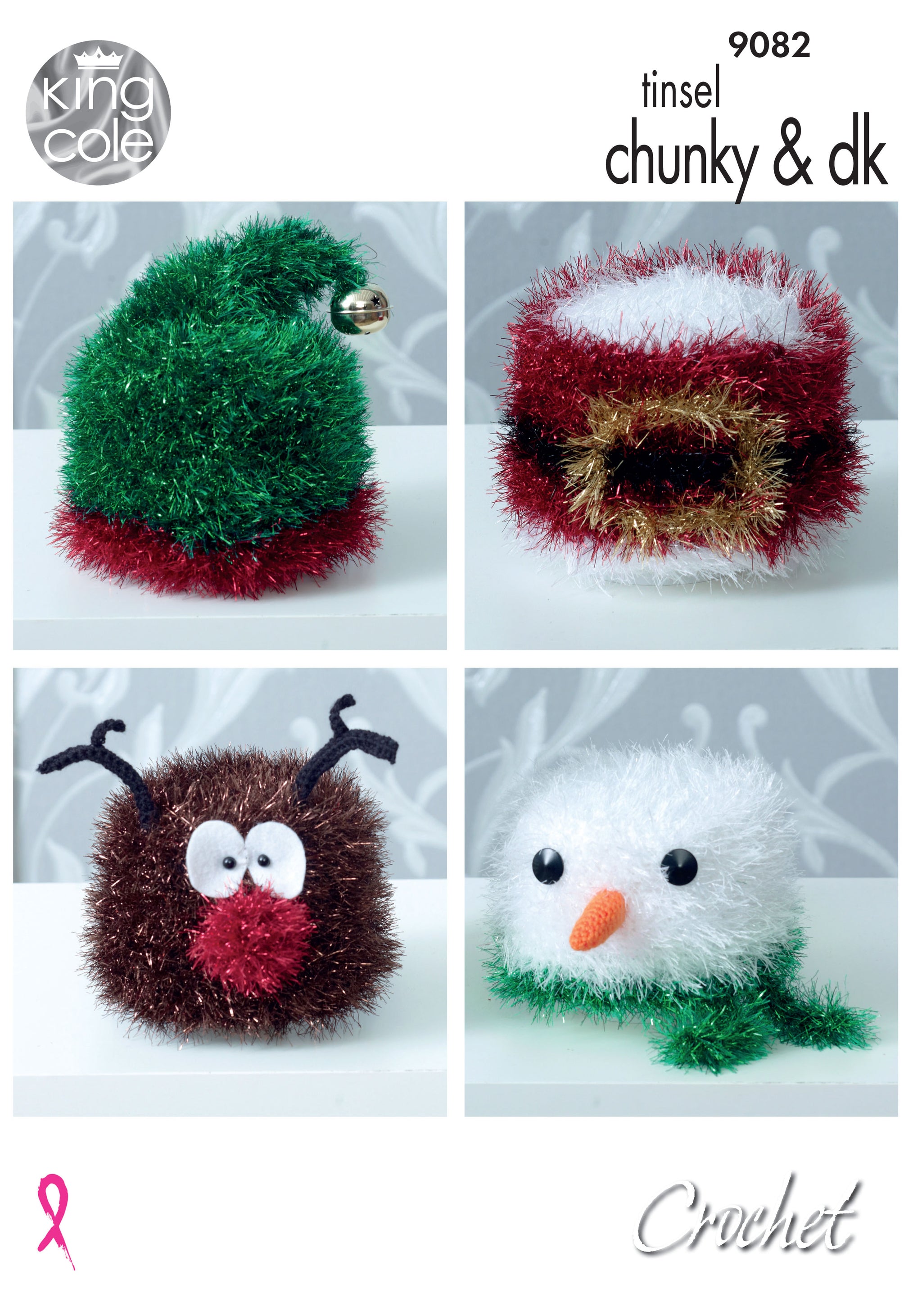 King Cole 9082 Christmas Toilet Roll Covers in Tinsel Chunky and Dolly Mix DK leaflet
