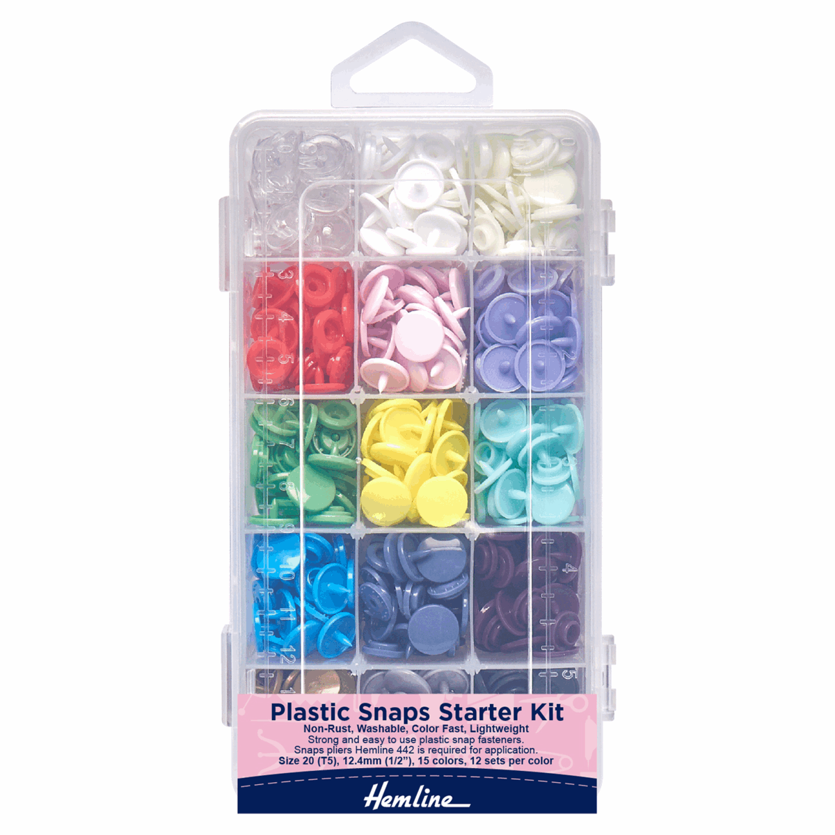 Kam Plastic Snaps: Starter Kit: 12 x 12.4mm x 15 Sets: Assorted