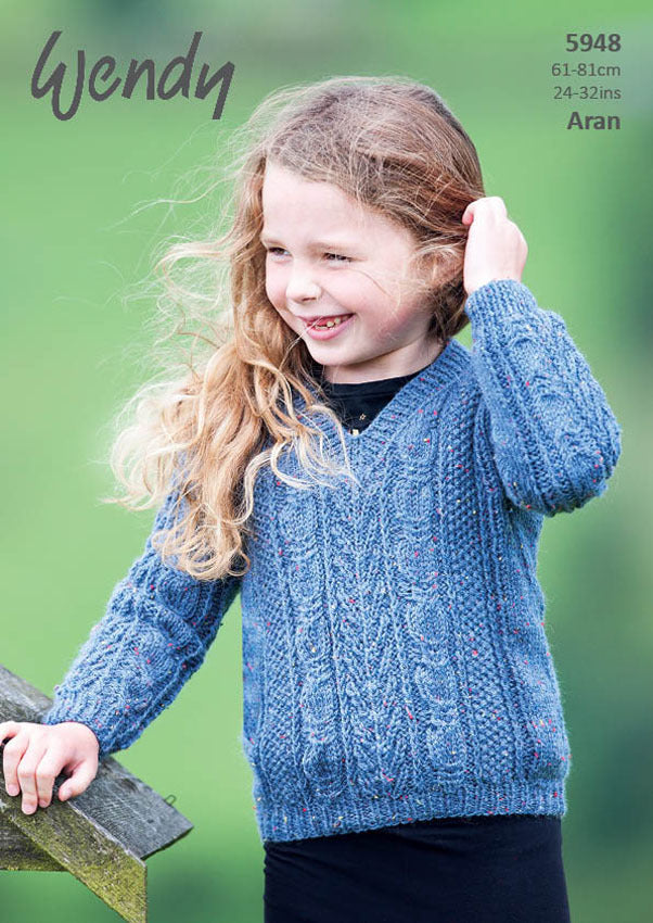 Children Aran Round or V Neck Sweaters 5948 61cm - 81cm