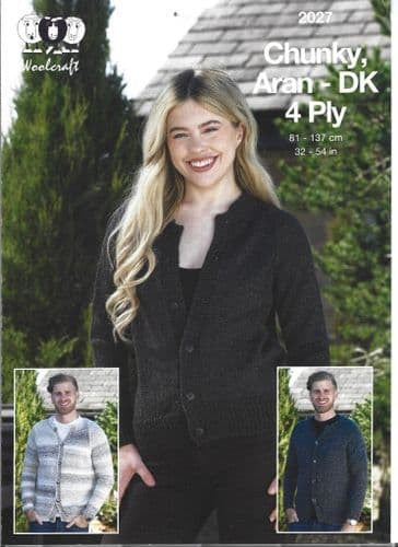 Woolcraft 2027 Chunky, Aran, DK and 4 Ply Cardigan Pattern