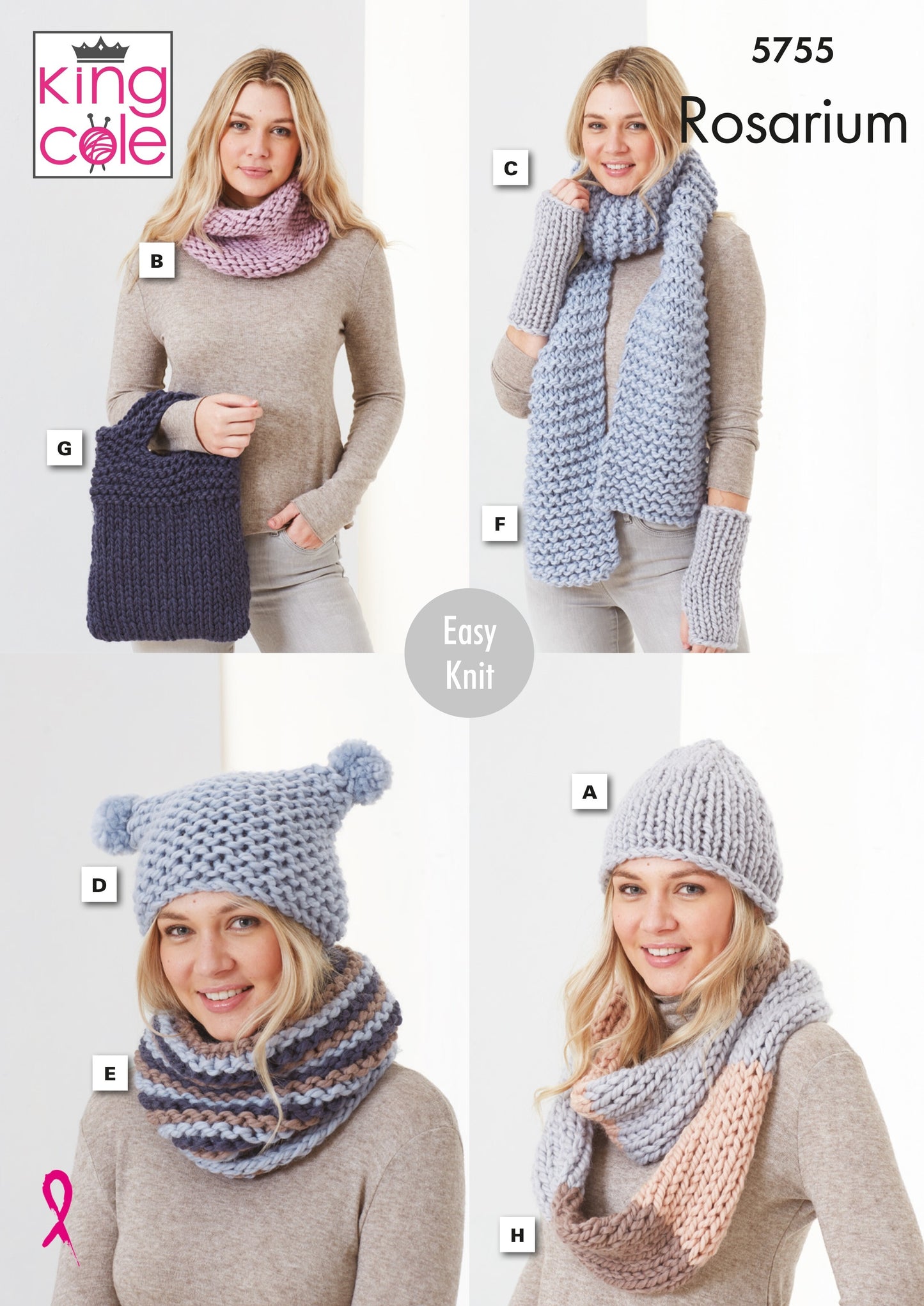 King Cole 5755 Hats, Snoods, Wristwarmers, Scarf and Bag in Rosarium Mega Chunky Pattern