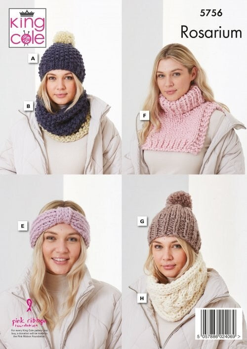 King Cole 5756 Hats, Headband, Snoods and Polo Neck in Rosarium Mega Chunky Pattern