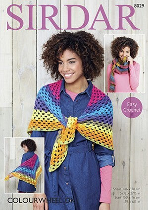 Sirdar 8029 Crochet Shawl and Scarf in Colourwheel DK Pattern