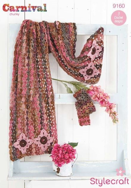 Stylecraft 9160 Crochet Carnival Chunky and Special Aran Lace Shawl and Scarf with Mittens