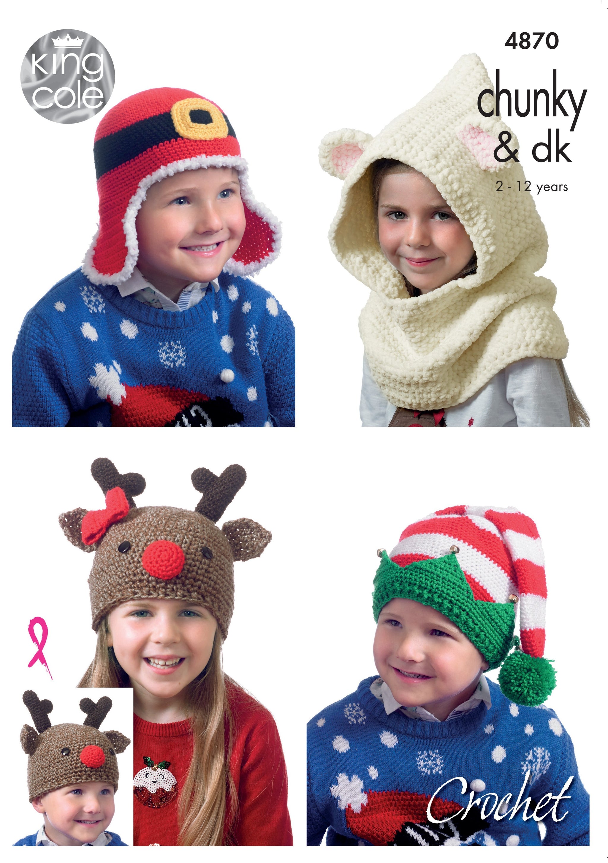 King Cole 4870 Crochet Kids Novelty Hats in DK and Chunky Leaflet