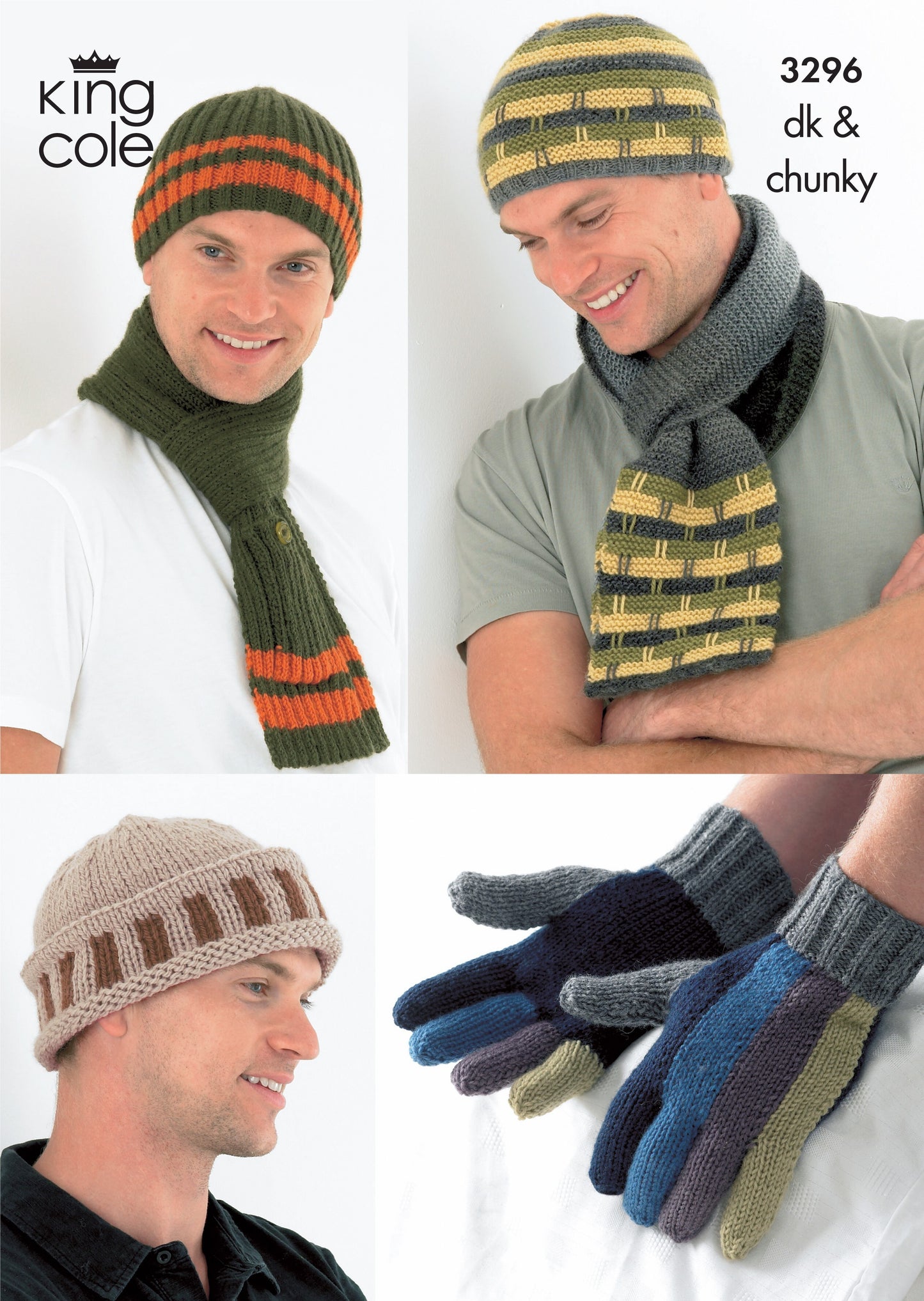 King Cole 3296 Men's Hats, Scarves and Gloves in DK and Chunky Pattern