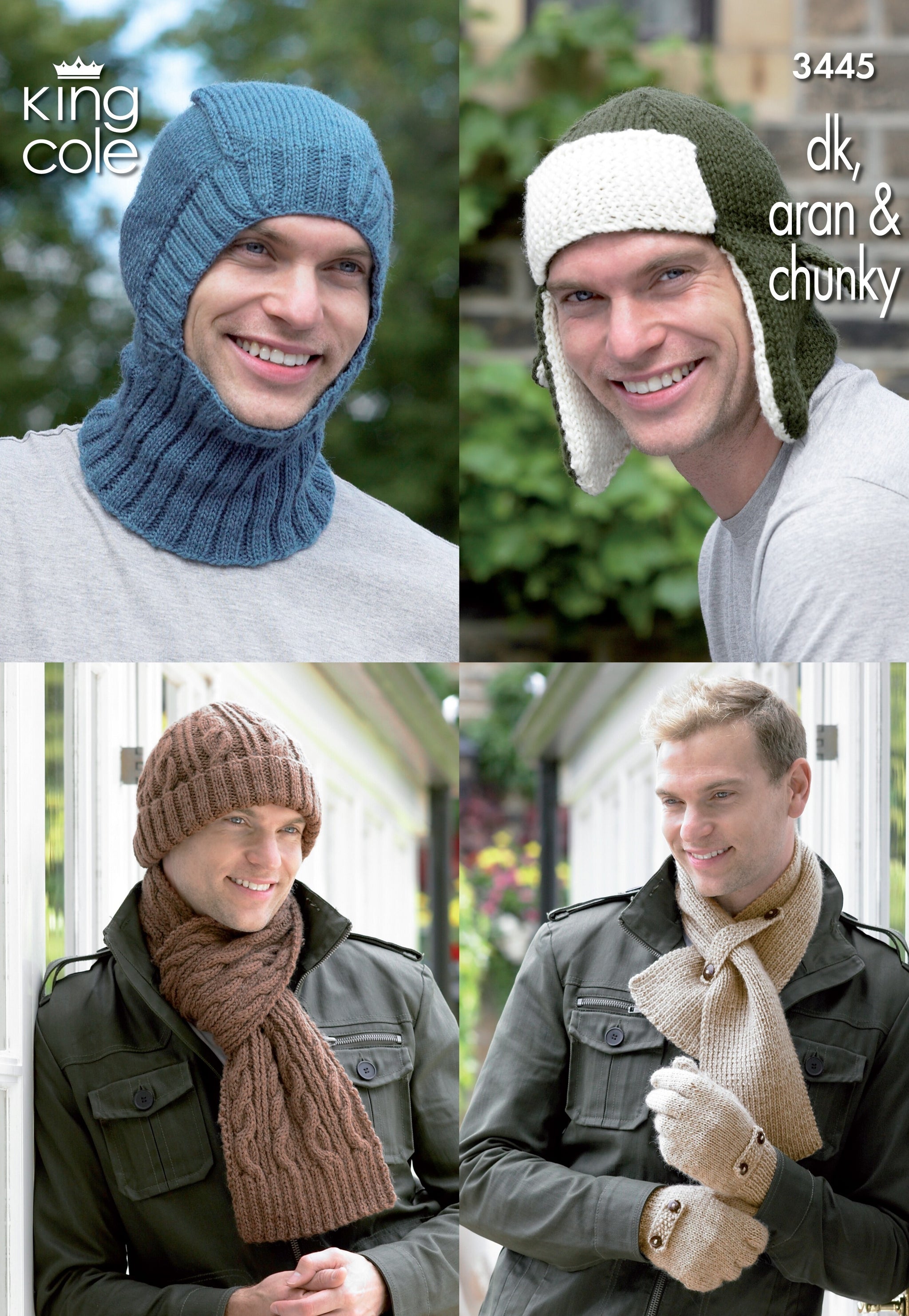 King Cole 3445 Mens Hats, Balaclava, Scarves and Gloves in DK, Aran and Chunky Pattern