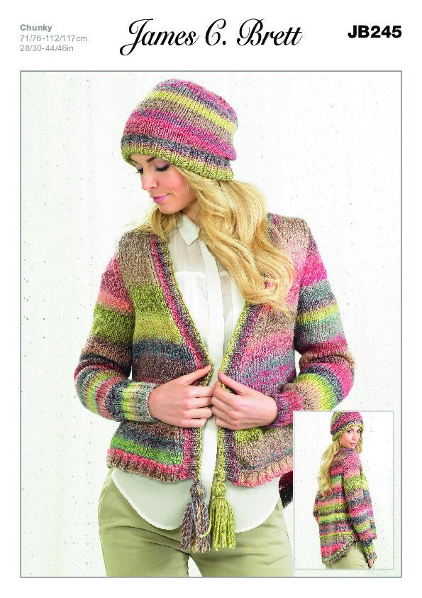 James C Brett JB245 Women Cardigan and Hat in Marble Chunky Pattern