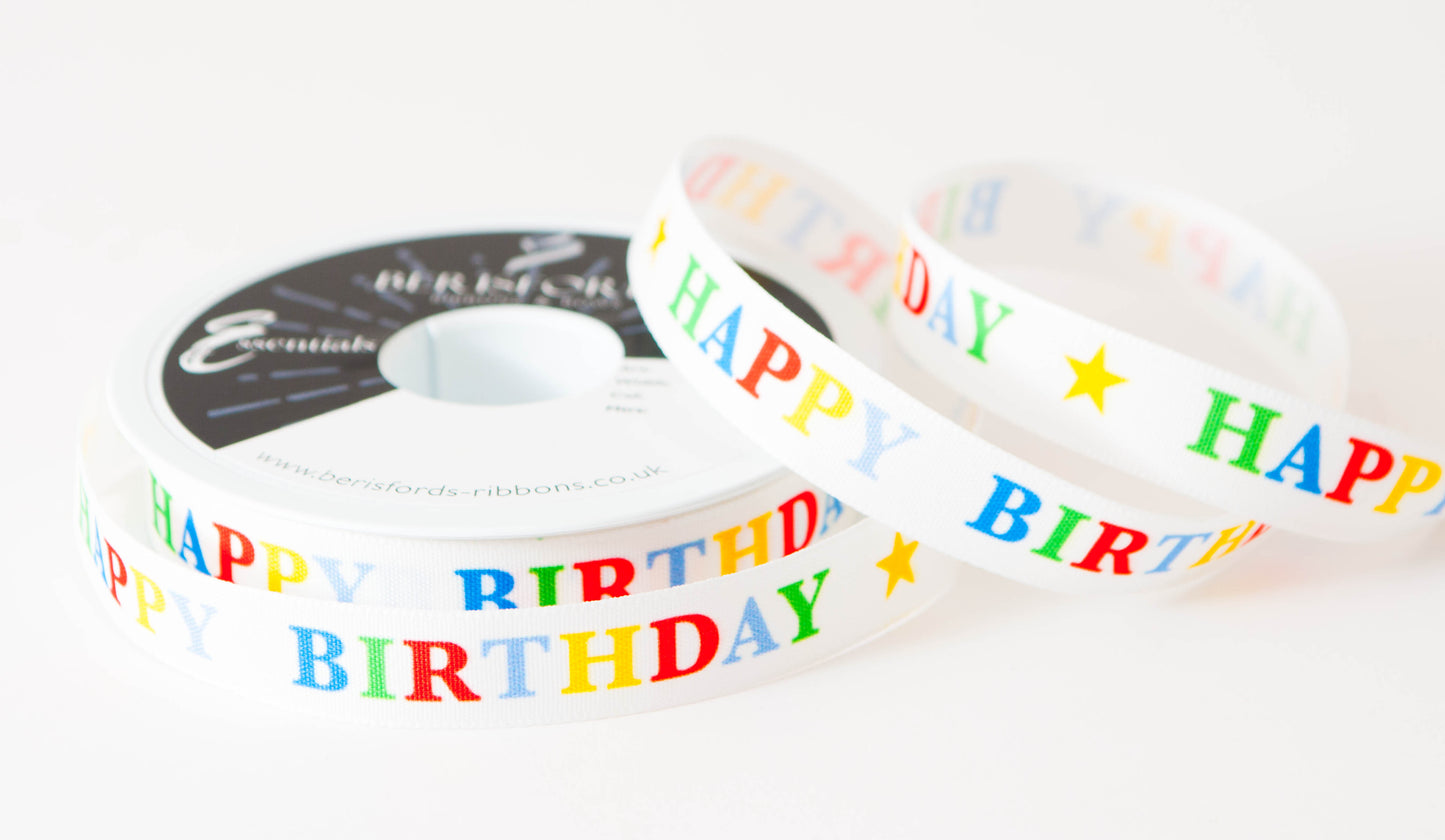Ribbon: Happy Birthday: 15mm: White/Multi per metre