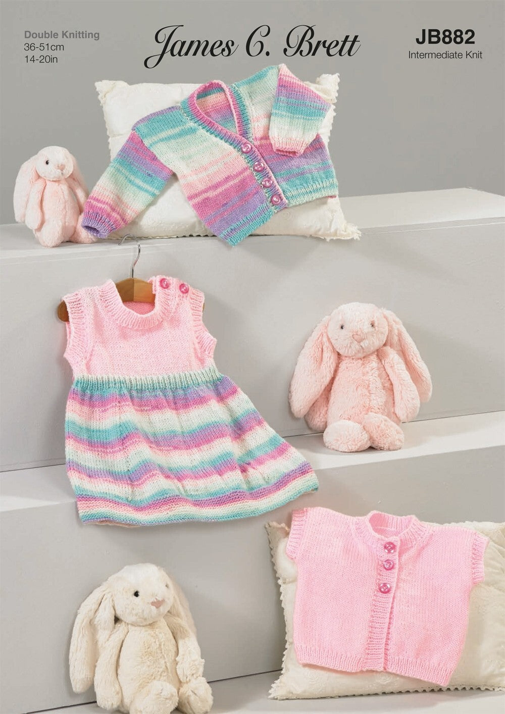 James C Brett JB882 Dress, Cardigan and Waistcoat in Baby Twinkle DK and Baby Twinkle Print DK leaflet